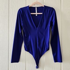 Intimately Free People Thong Bodysuit Stretchy V Neck Longsleeve Blue Medium